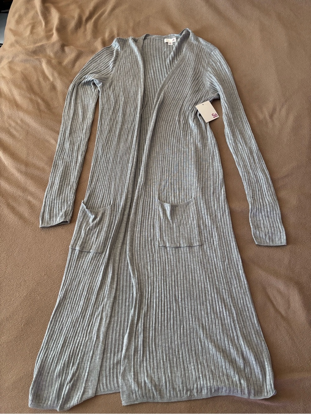 SO Light Gray Ribbed Open-Front Long Cardigan Dress